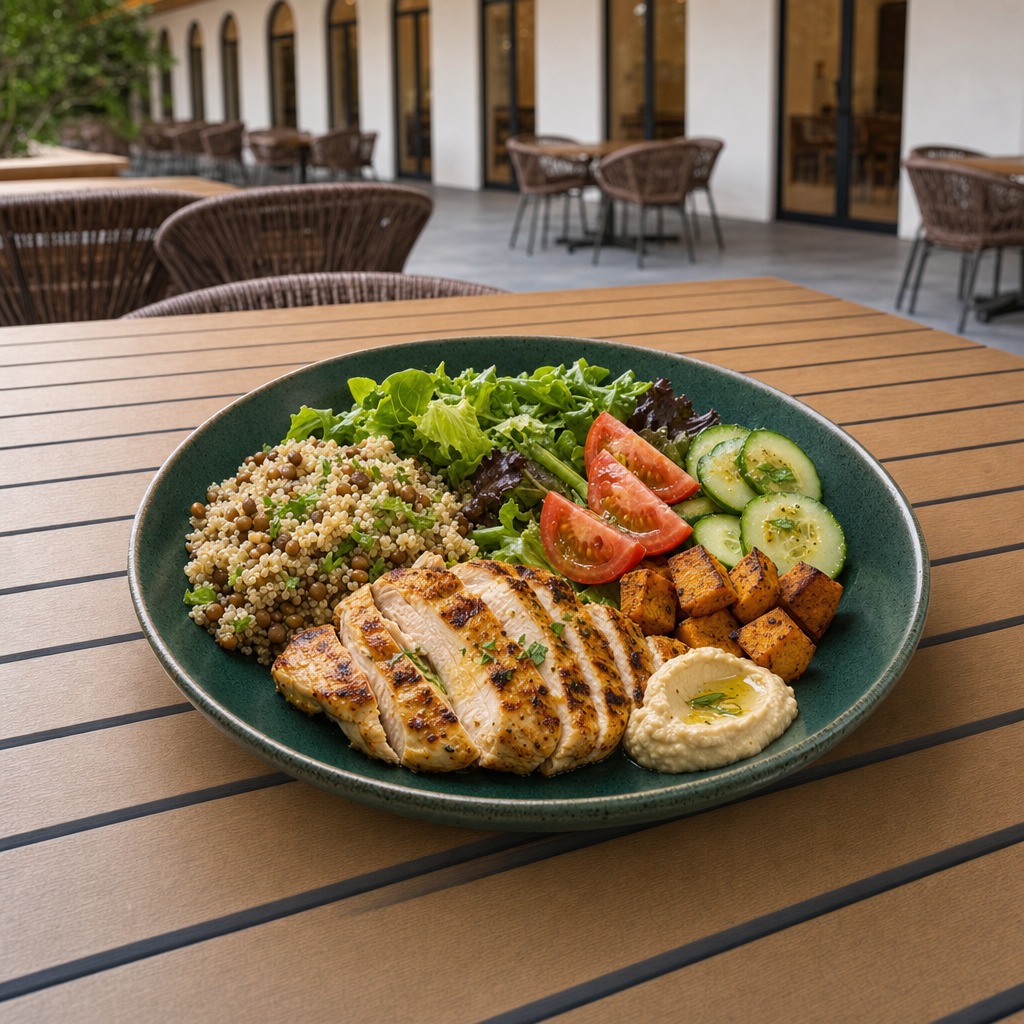 Bowl Botânico com frango, quinoa, lentilhas, folhas, legumes e hummus