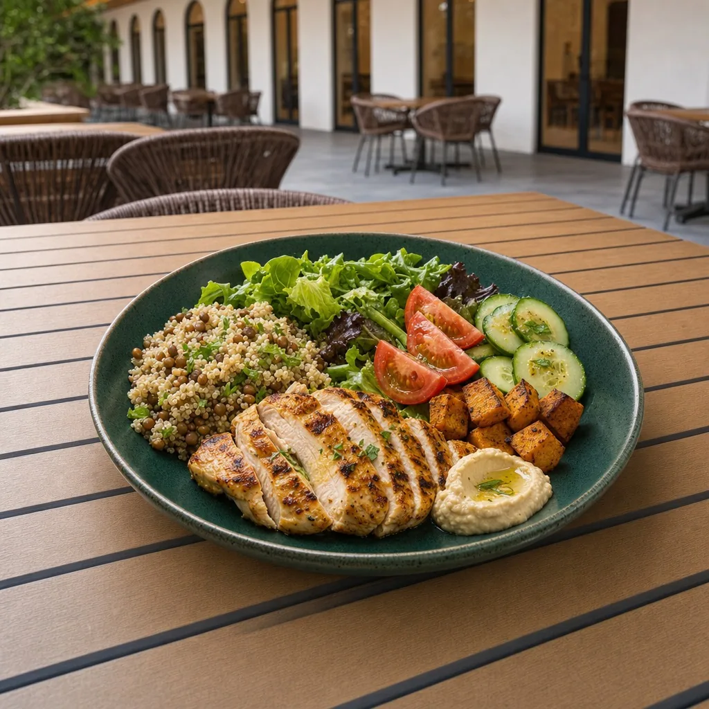 Bowl Botânico com frango, quinoa, lentilhas, folhas, legumes e hummus