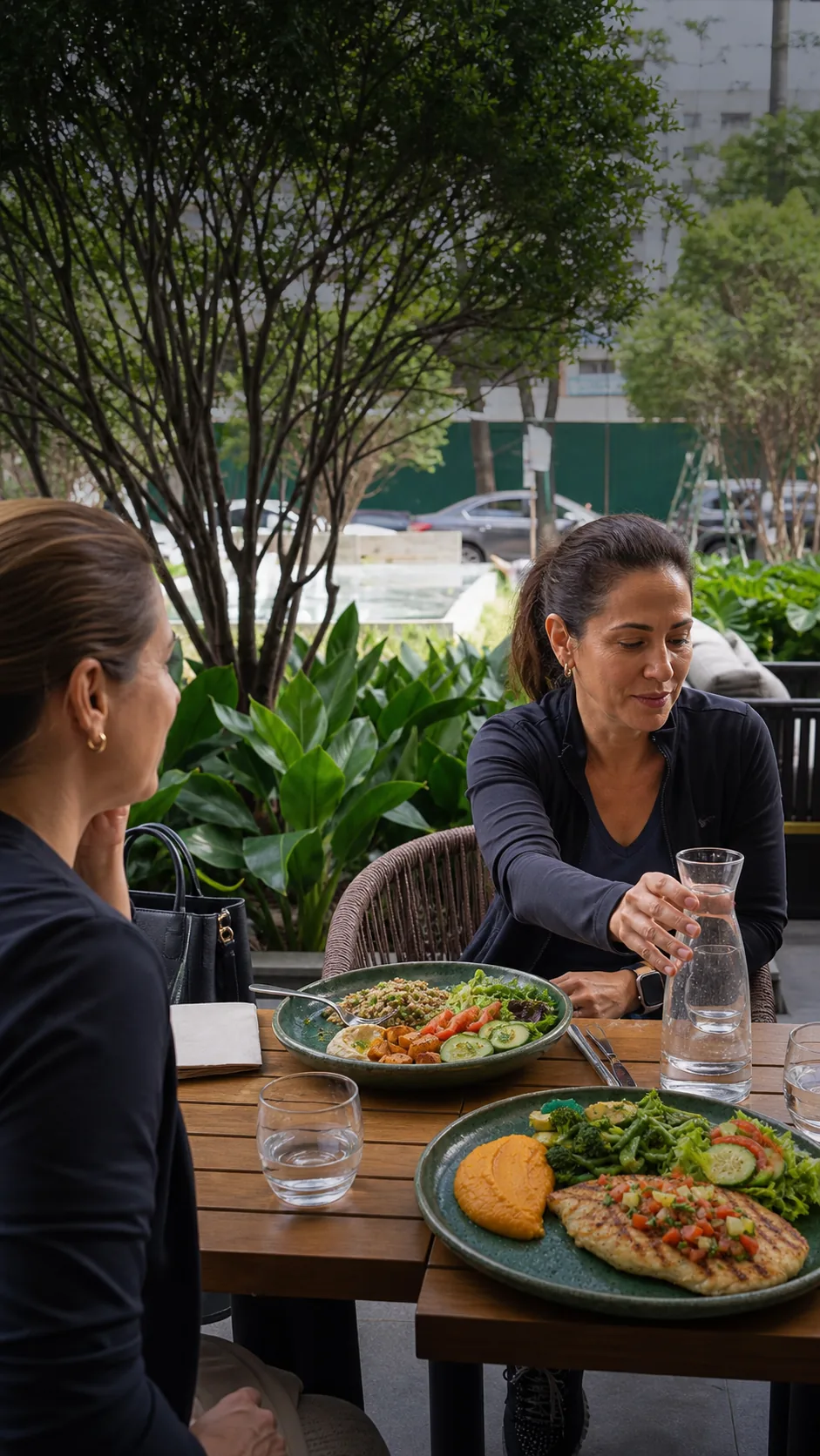 Duas mulheres almoçando pratos leves no jardim da Casa do Sol