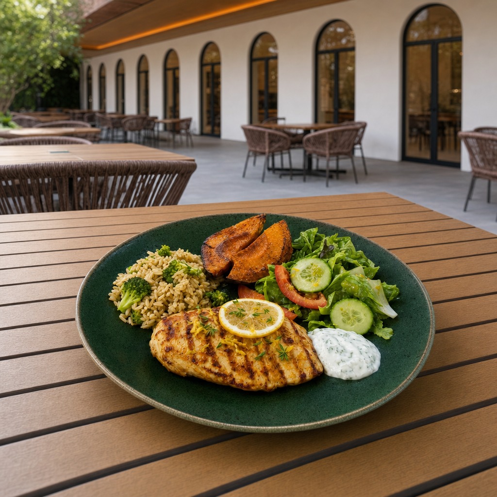 Frango cítrico com arroz integral, abóbora assada, salada e molho de iogurte