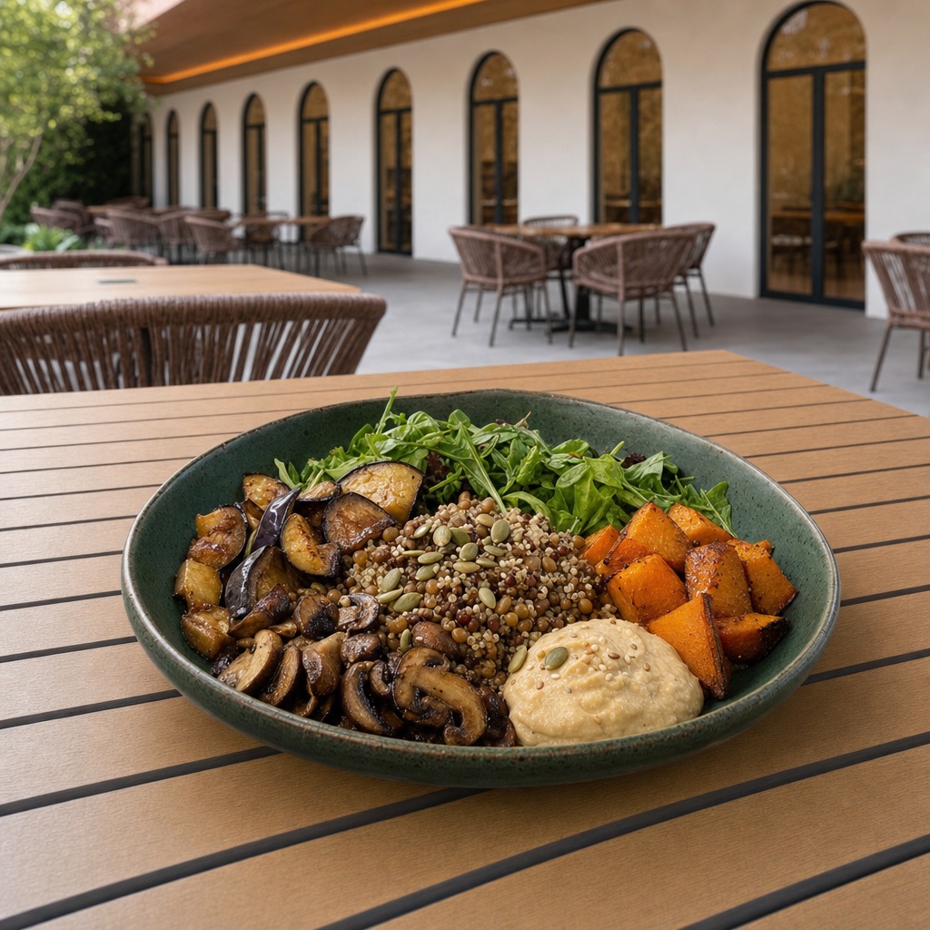 Horta da Casa com berinjela, quinoa, lentilhas, abóbora, cogumelos, folhas e hummus
