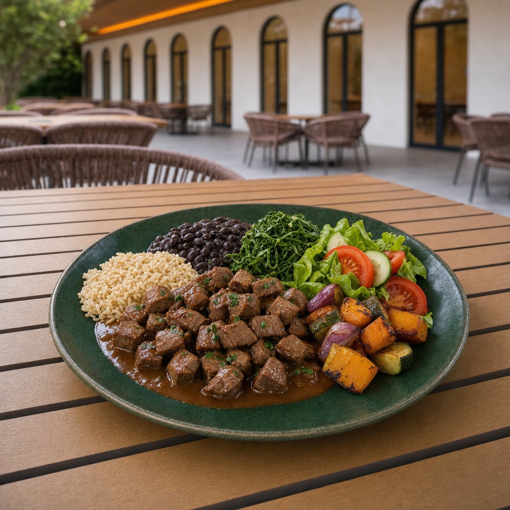 Picadinho magro com arroz integral, feijão, couve e legumes assados