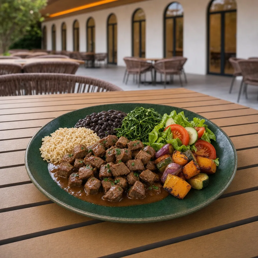 Picadinho magro com arroz integral, feijão, couve e legumes assados
