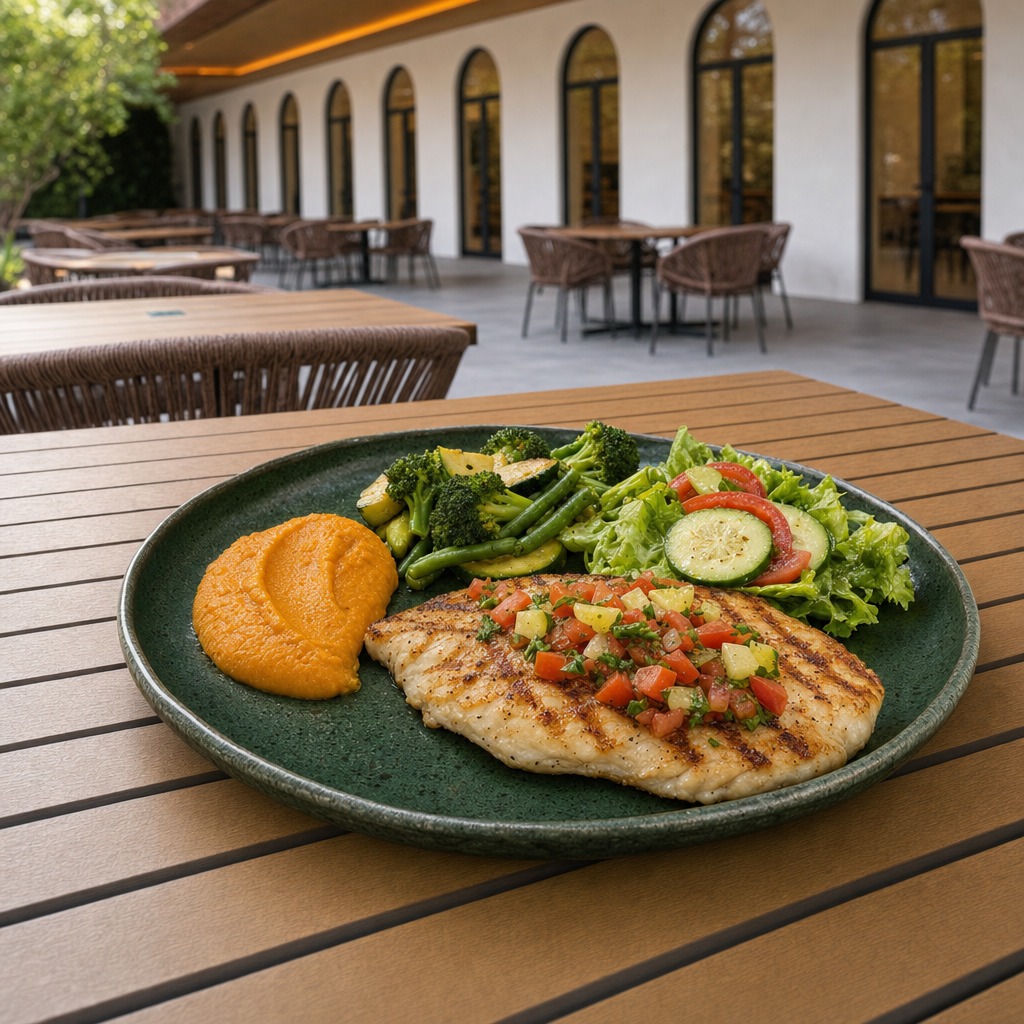 Tilápia grelhada com purê de batata-doce, legumes verdes e salsa fresca