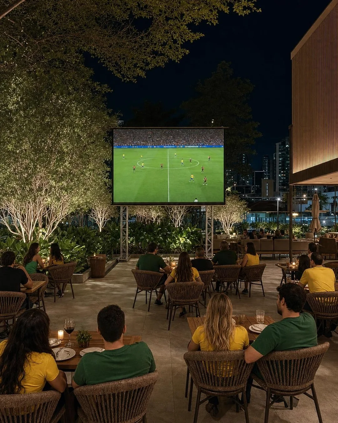 Jardim do Casa do Sol com tel&atilde;o para assistir futebol