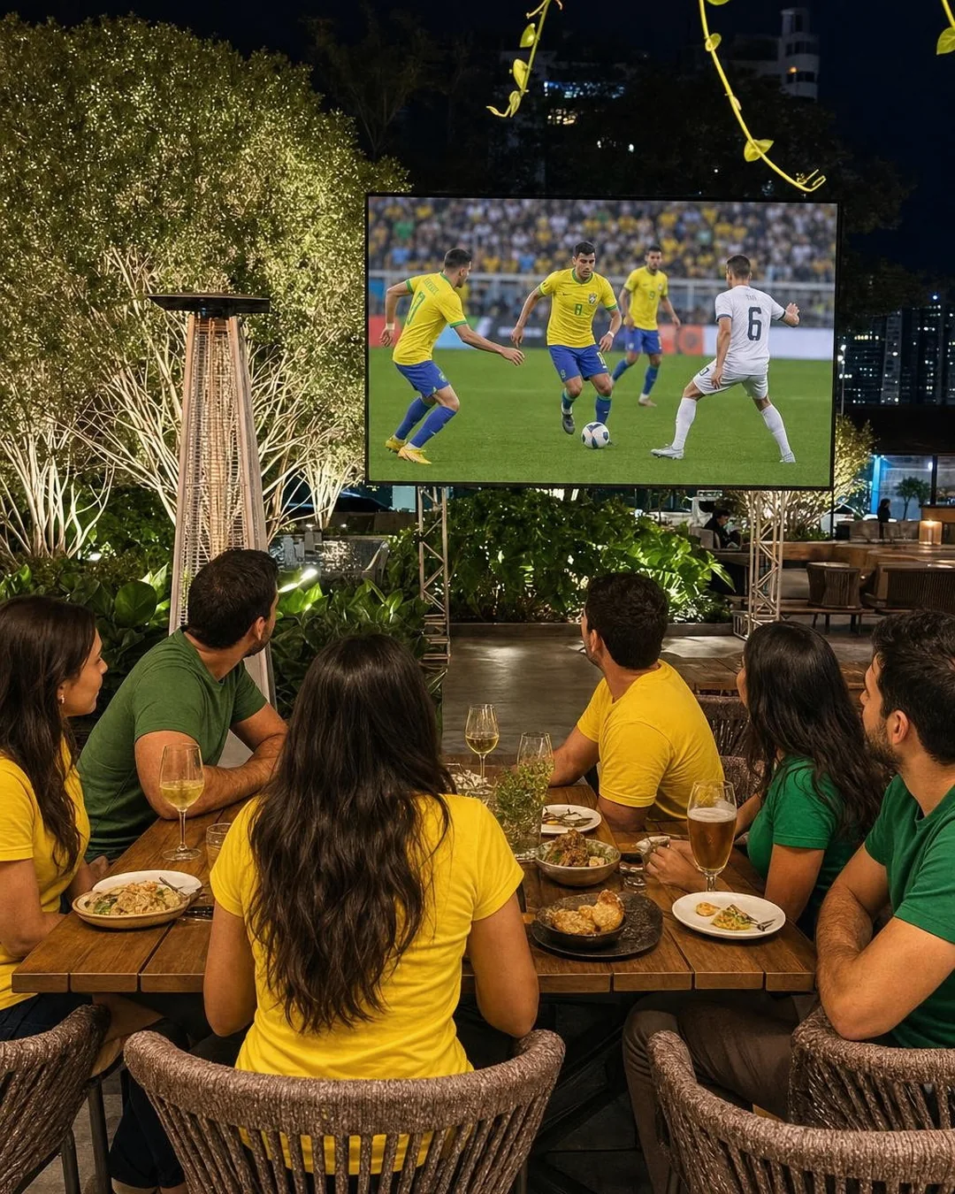 Grupo reunido em mesa do Casa do Sol assistindo jogo no telao