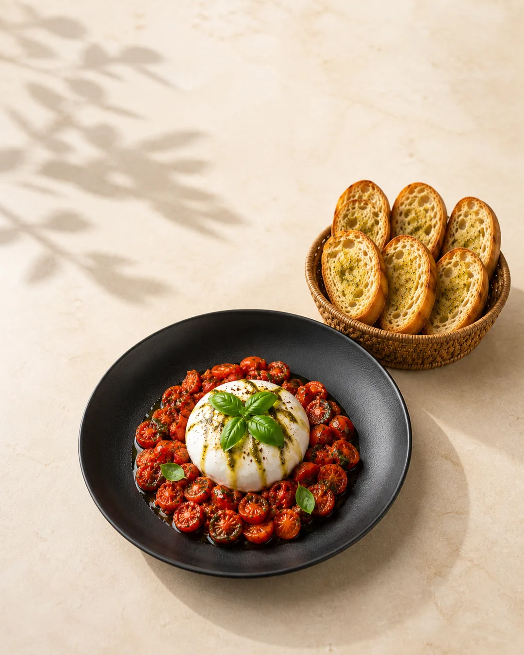 Burrata com tomates e torradas sob a luz natural