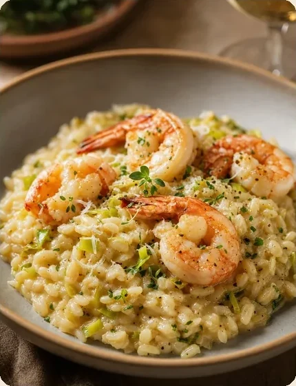 Risoto de camarão em prato elegante